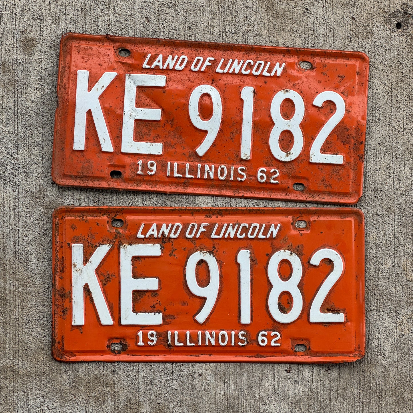 Photo of a 1962 Illinois License Plate Pair Auto Tag Garage Decor Vintage KE 9182 with original patina