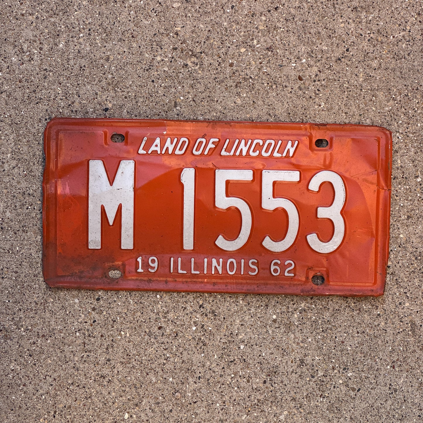 Photo of a 1962 Illinois Municipal License Plate Auto Tag Garage Decor Vintage M 1553 with original patina