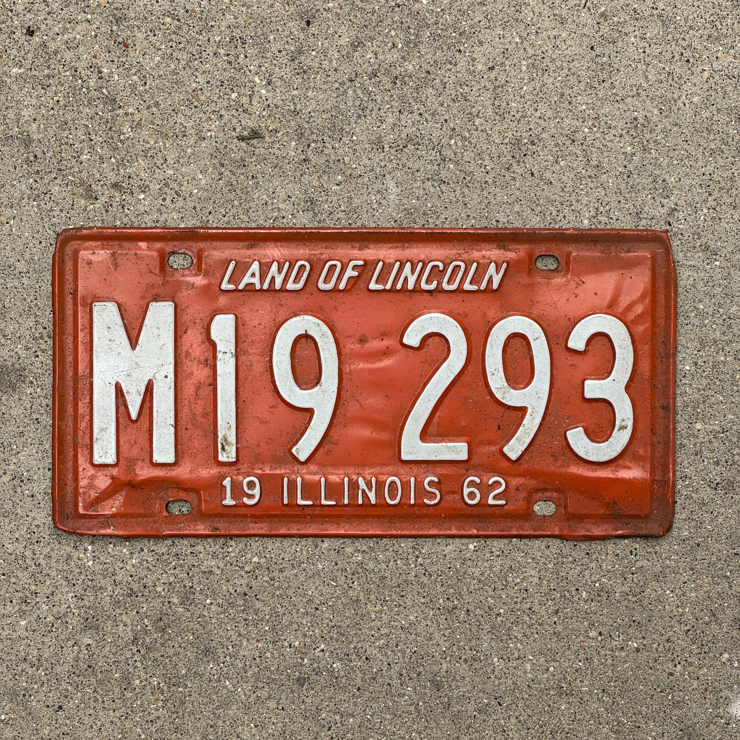 Photo of a 1962 Illinois Municipal License Plate Auto Tag Garage Decor Vintage M 19 293 with original patina