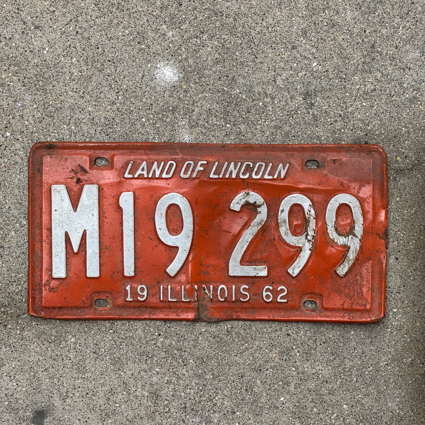 Photo of a 1962 Illinois Municipal License Plate Auto Tag Garage Decor Vintage M 19 299 with original patina
