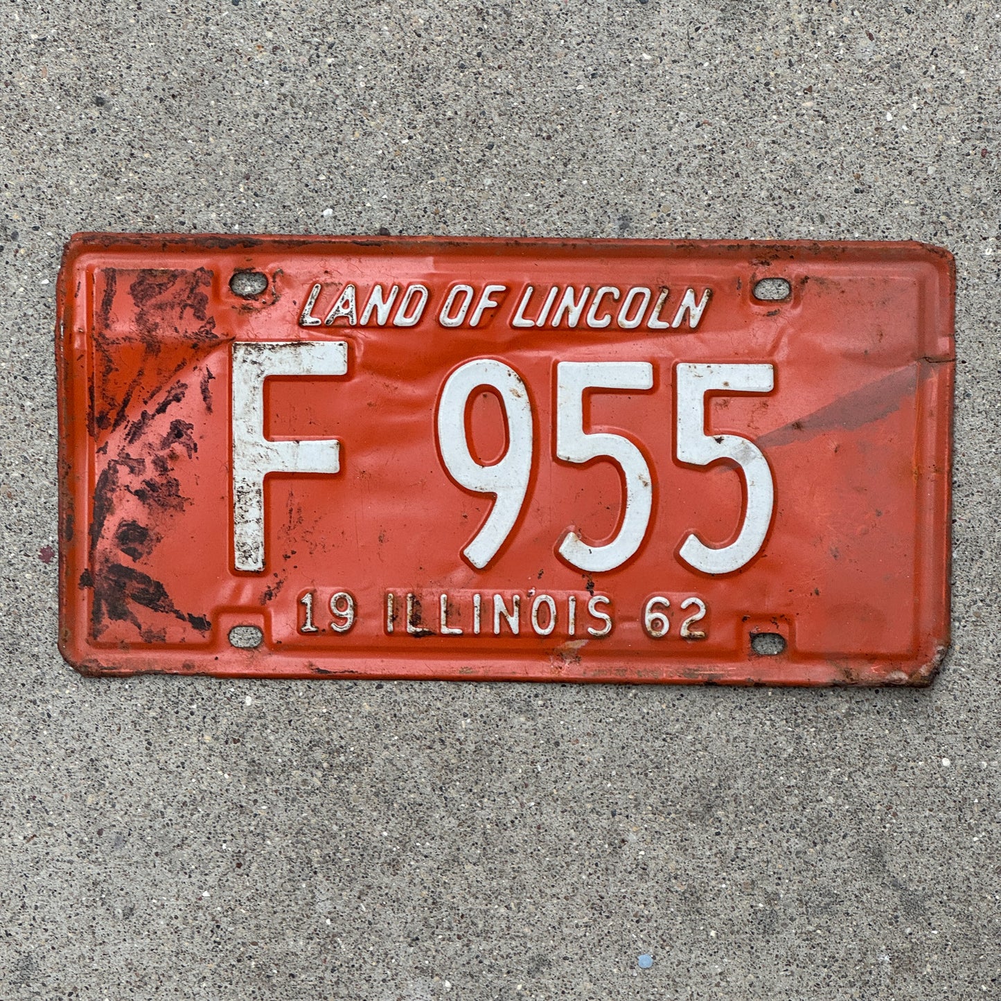 Photo of a 1962 Illinois Truck License Plate Auto Tag 1 Vintage Garage F 955 with original patina