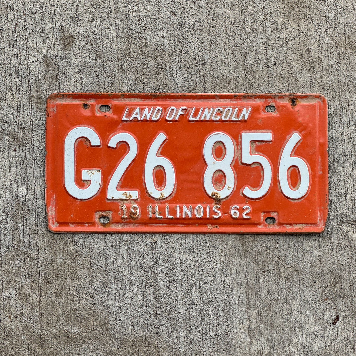 Photo of a 1962 Illinois Truck License Plate Auto Tag 1 Vintage Garage G 26 856 with original patina