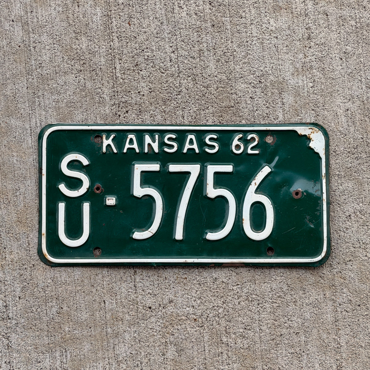 Photo of a 1962 Kansas License Plate Auto Tag Garage Decor Vintage SU 5756 with original patina