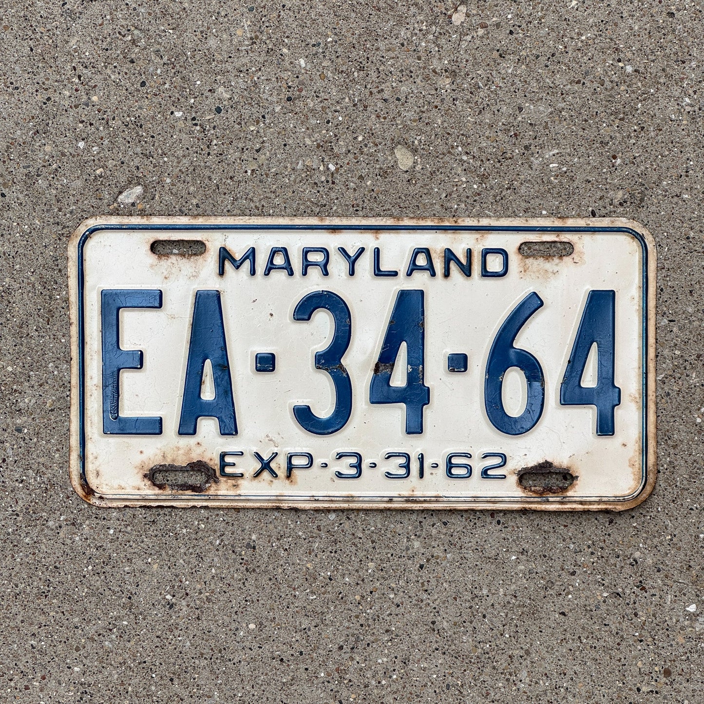 Photo of a 1962 Maryland License Plate Auto Tag Garage Decor Vintage EA 3464