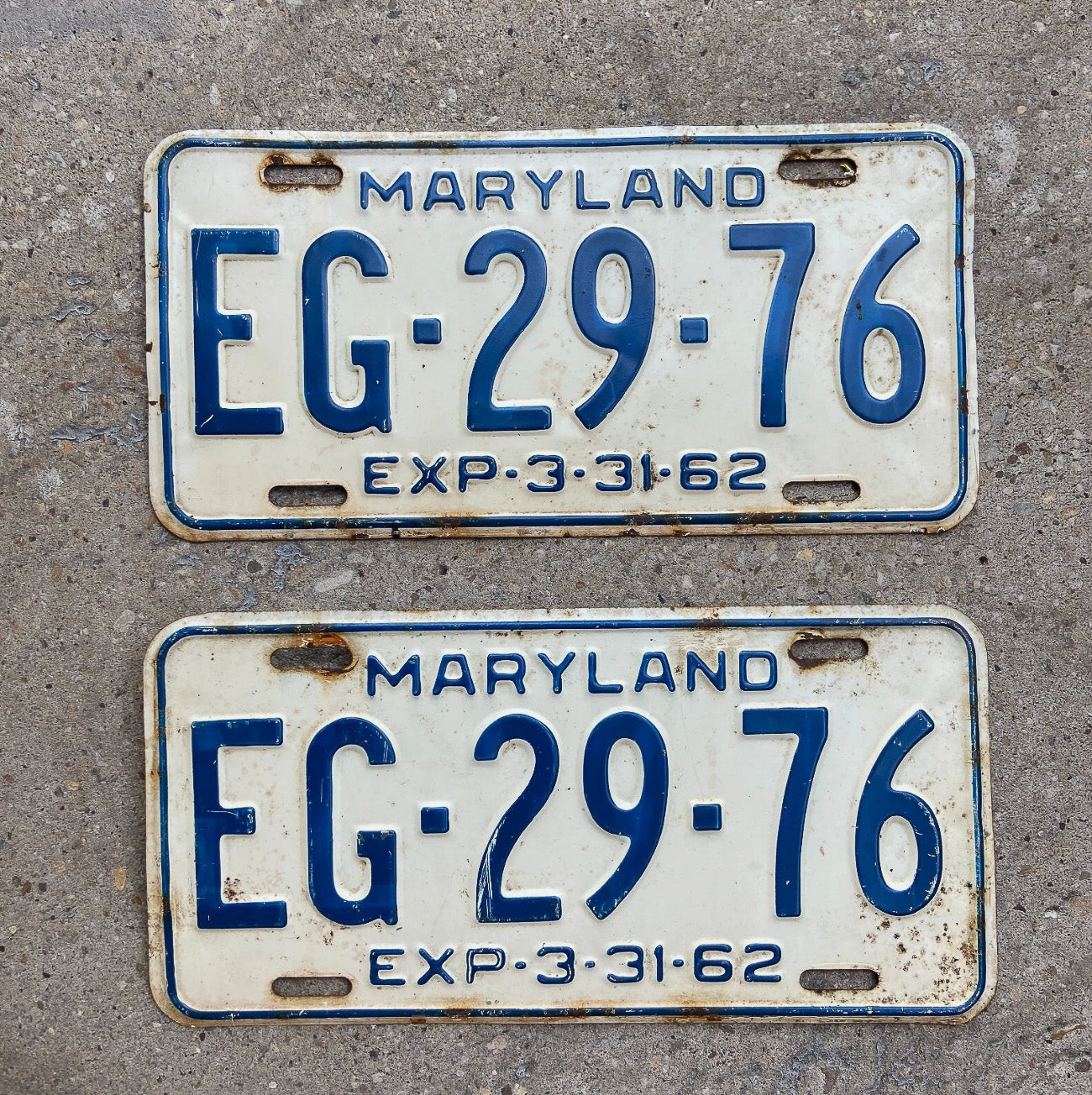 Photo of a 1962 Maryland License Plate Pair Auto Tag Garage Decor Vintage EG 29 76 with original patina