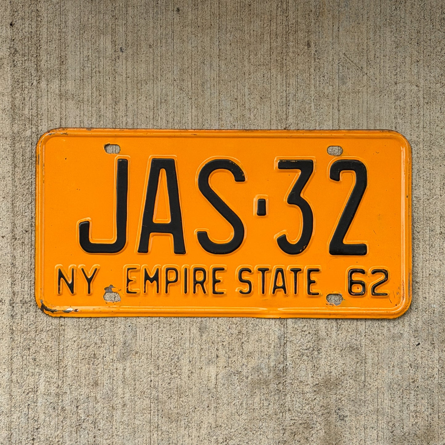 Photo of a 1962 New York License Plate Auto Tag Garage Decor Vintage JAS 32 with original patina