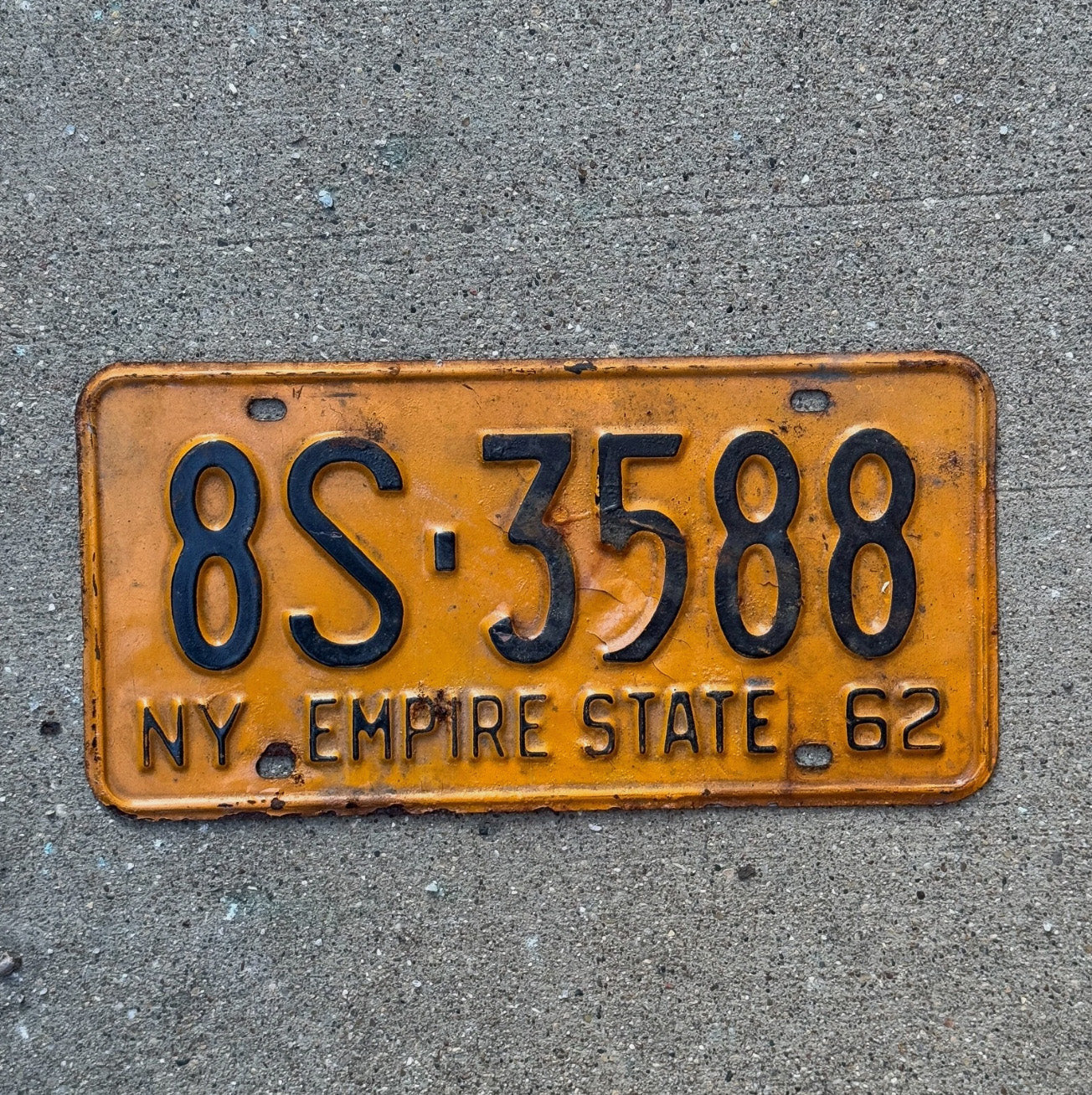 Photo of a 1962 New York License Plate Auto Tag Garage Decor Vintage Orange 8S 3588