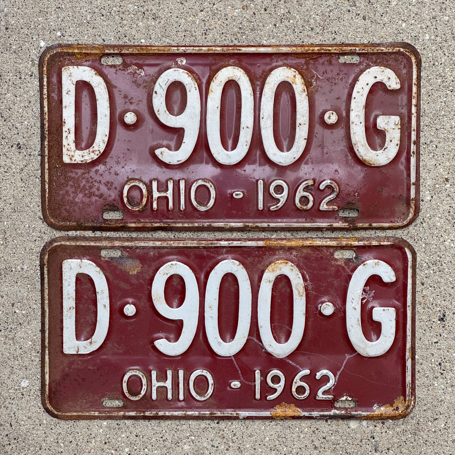 Photo of a 1962 Ohio License Plate Pair Auto Tag Garage Decor Vintage D 900 G with original patina