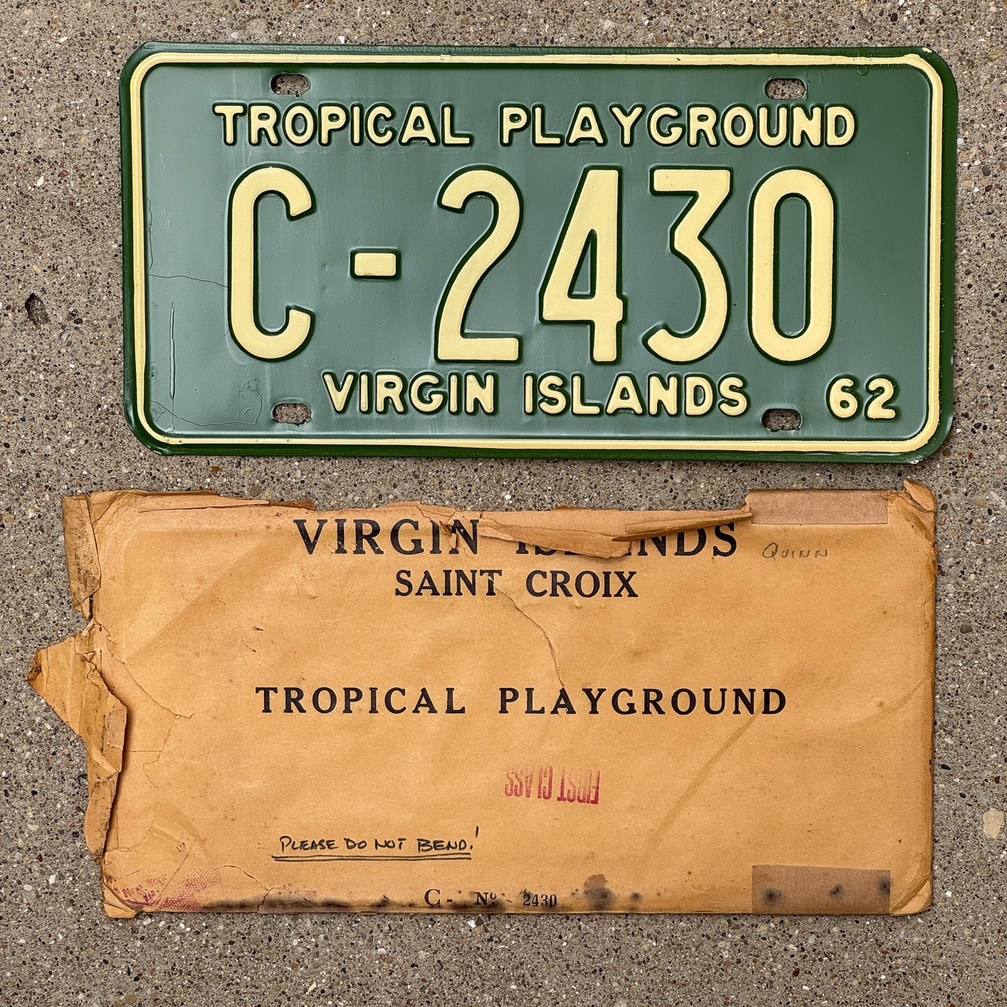 Photo of a 1962 Virgin Islands License Plate Auto Tag Garage Decor Vintage with Envelope C 2430