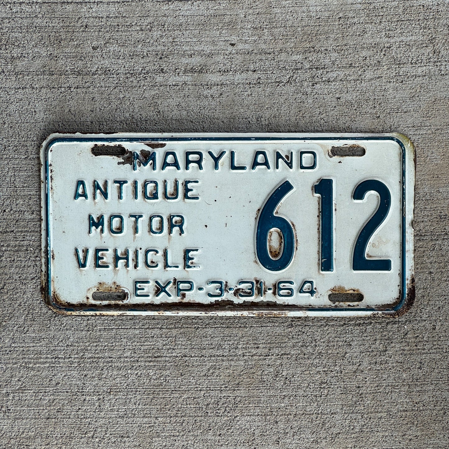 Photo of a 1963 1964 Maryland Antique Vehicle License Plate Auto Tag Garage Decor Vintage Historic Vehicle 612