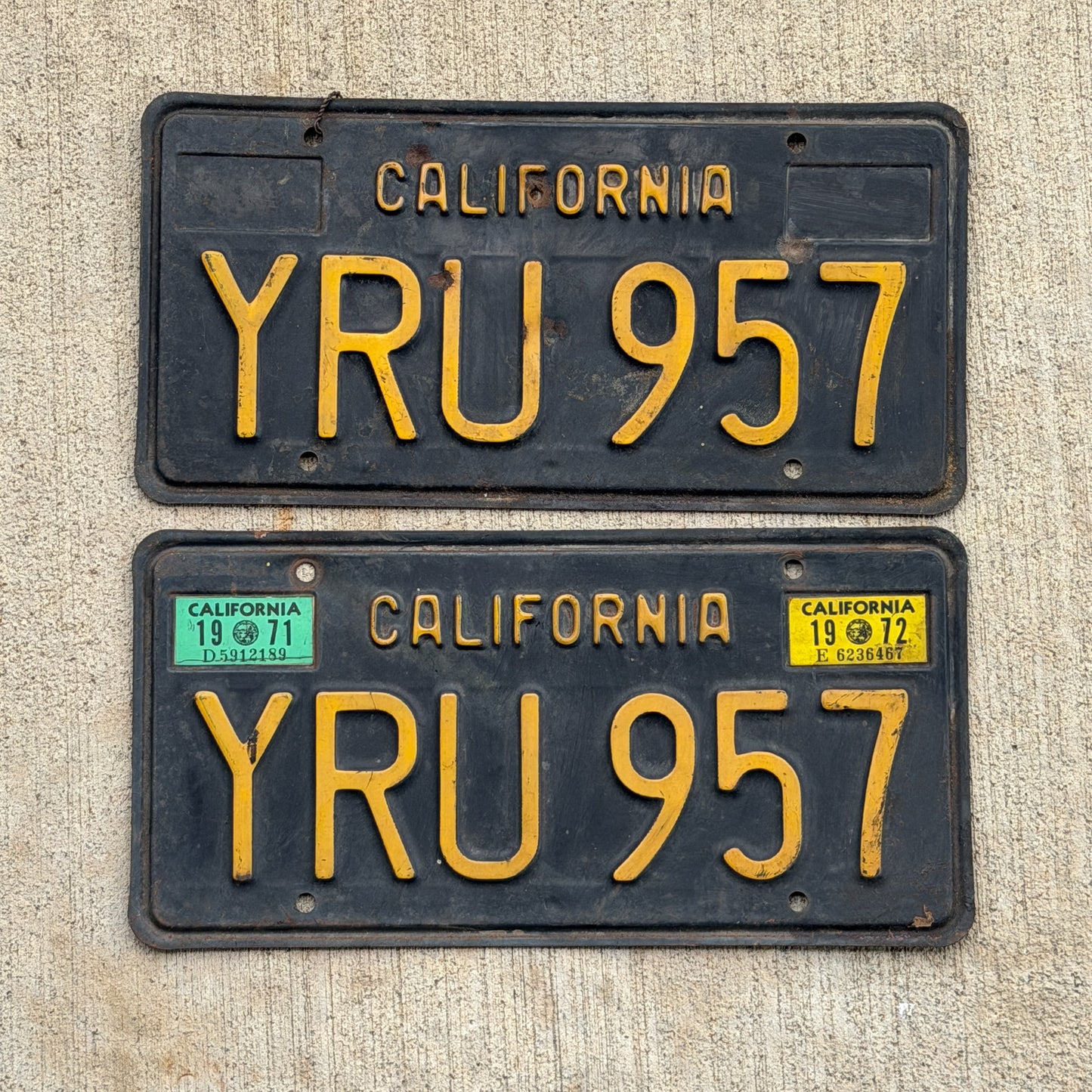 Photo of a 1963 1972 California License Plate Pair Auto Tag Garage Decor Vintage YRU 957 with original patina