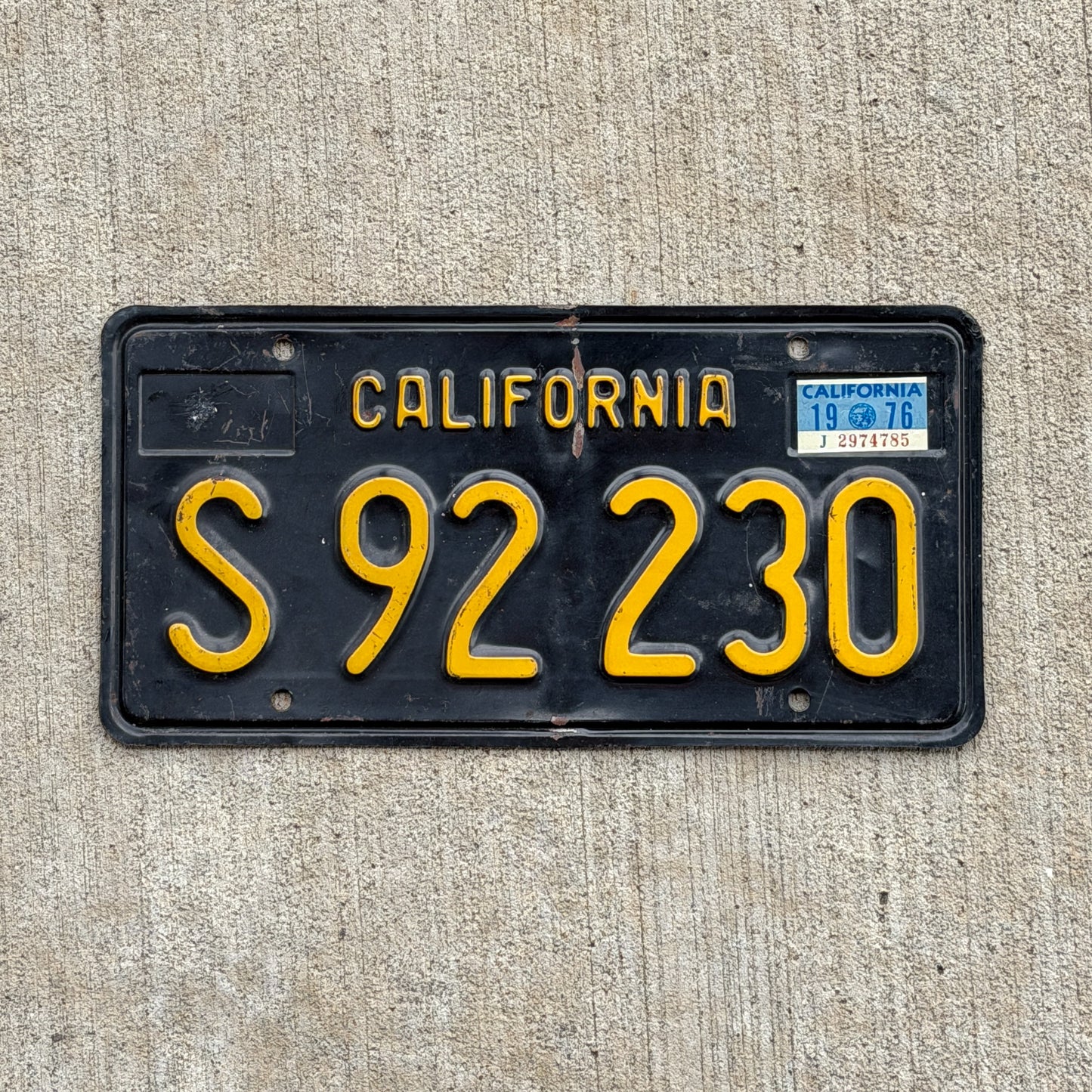 Photo of a 1963 1976 California License Plate Auto Tag Garage Decor Vintage S 92230 with original patina