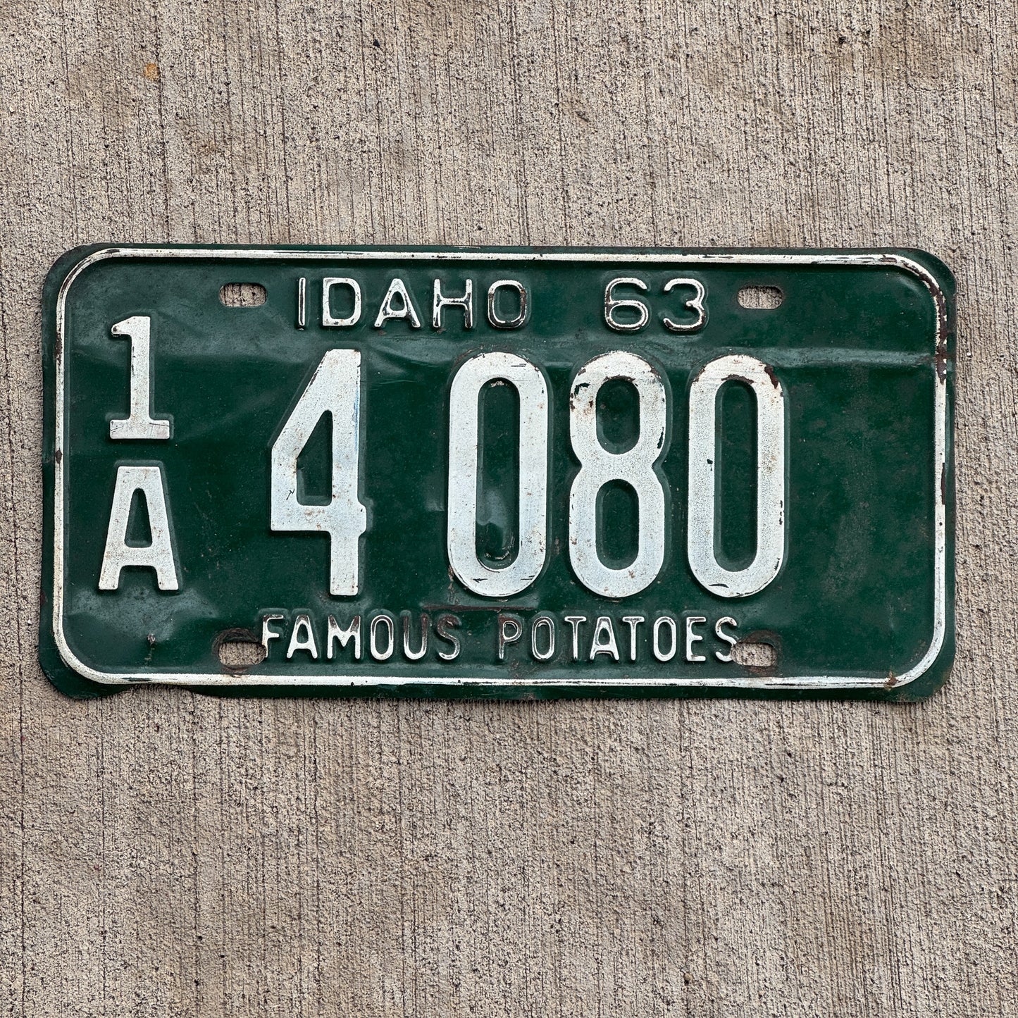 Photo of a 1963 Idaho License Plate Auto Tag Garage Decor Vintage 1A 4 080 with original patina