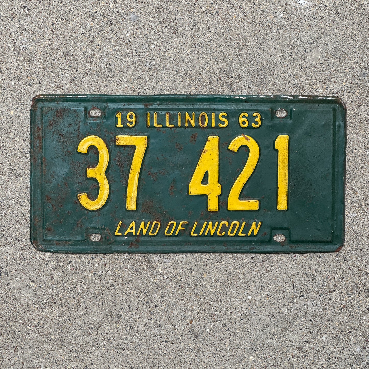 Photo of a 1963 Illinois License Plate Auto Tag 1 Vintage Garage 37 421 with original patina
