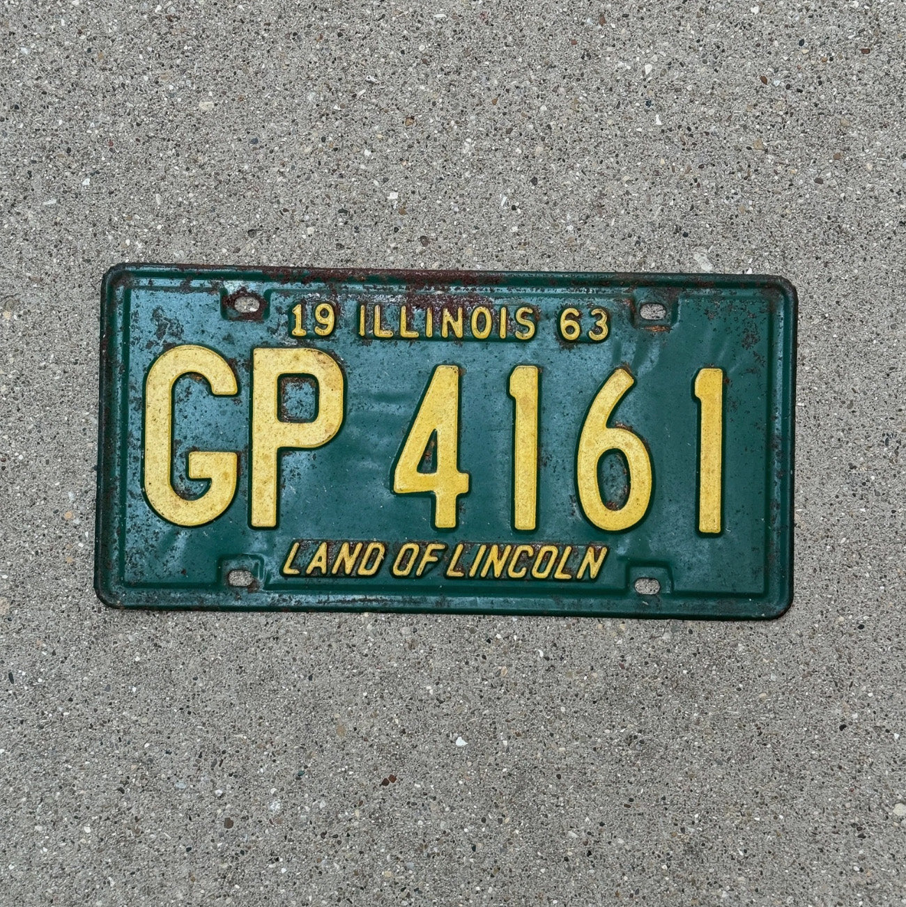 Photo of a 1963 Illinois License Plate Auto Tag Garage Decor Vintage Deere Green GP 4161