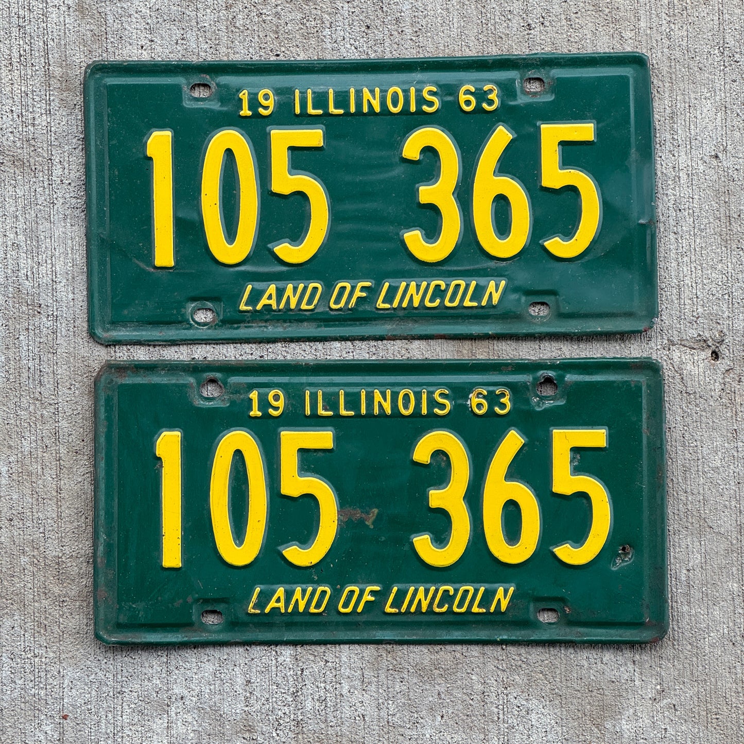 Photo of a 1963 Illinois License Plate Pair Auto Tag Garage Decor Vintage 105 365 with original patina