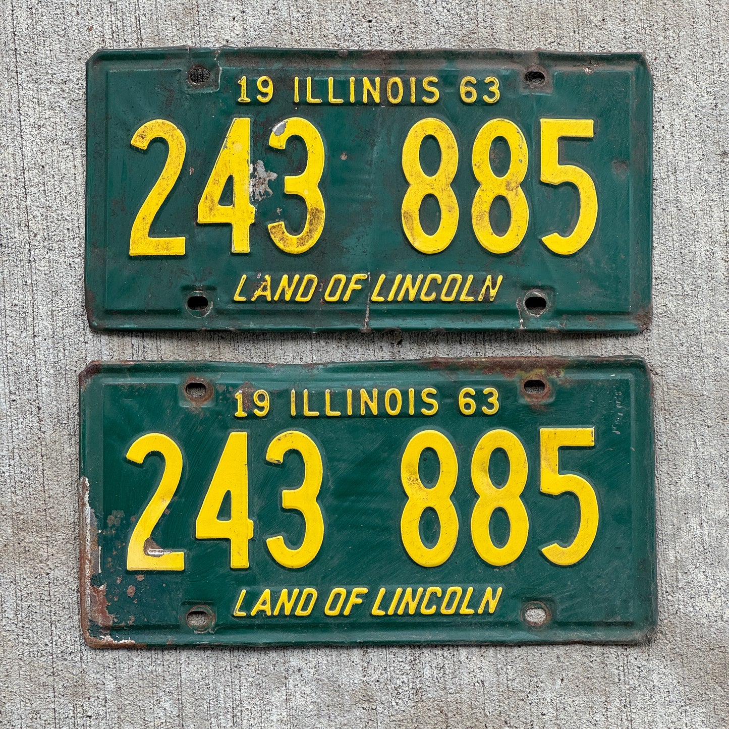 Photo of a 1963 Illinois License Plate Pair Auto Tag Garage Decor Vintage 243 885 with original patina