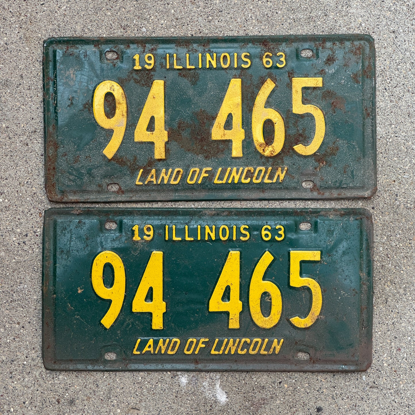 Photo of a 1963 Illinois License Plate Pair Auto Tag Garage Decor Vintage 94 465 with original patina