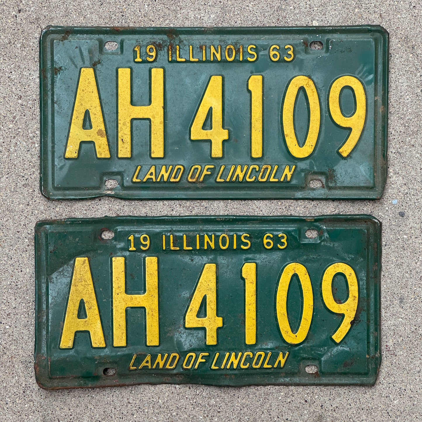 Photo of a 1963 Illinois License Plate Pair Auto Tag Garage Decor Vintage AH 4109 with original patina