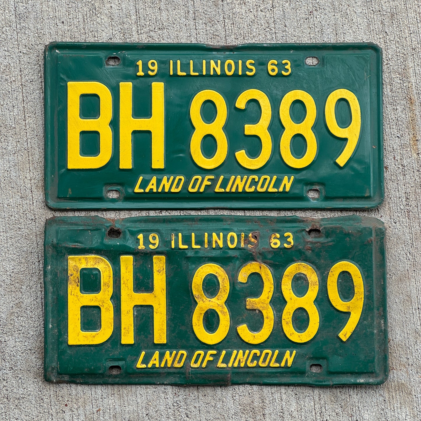 Photo of a 1963 Illinois License Plate Pair Auto Tag Garage Decor Vintage BH 8389 with original patina