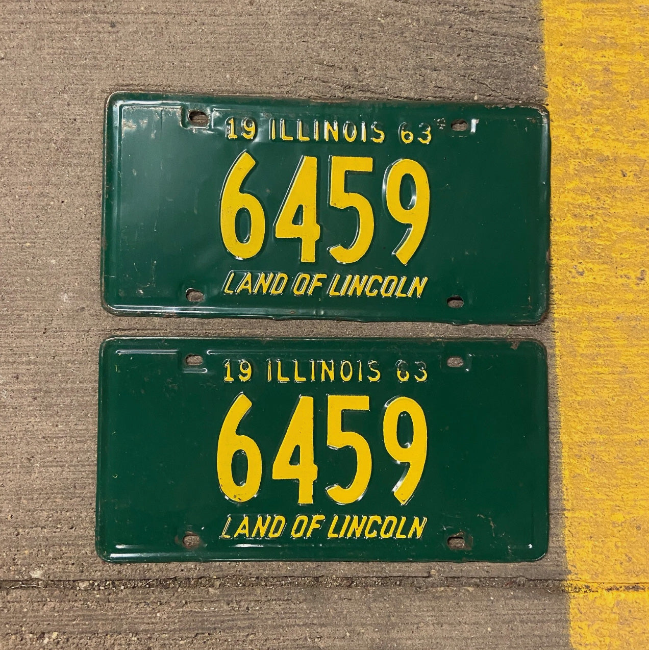 Photo of a 1963 Illinois License Plate Pair Auto Tag Garage Decor Vintage Low Number Four Digit 6459 with original patina