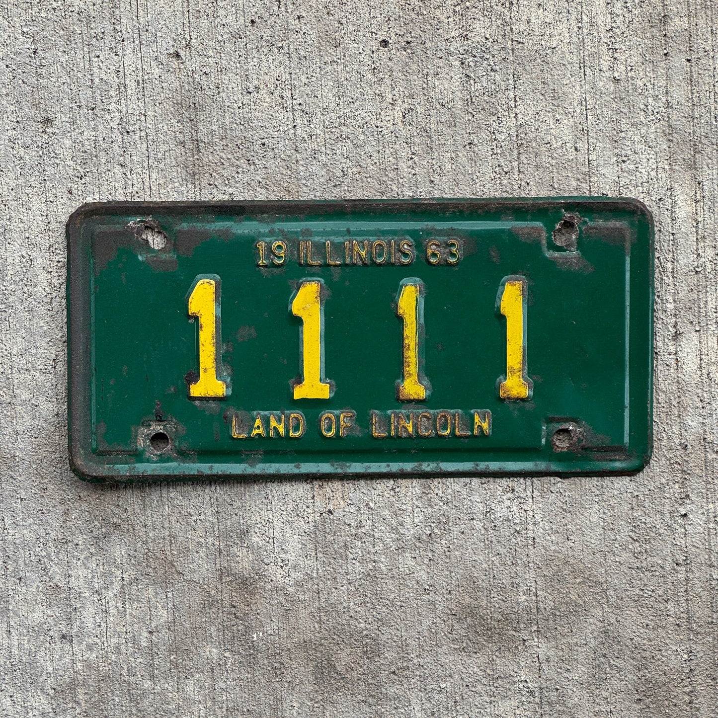 Photo of a 1963 Illinois Motorcycle License Plate Auto Tag Garage Decor Vintage Repeat Repeating 1111 with original patina