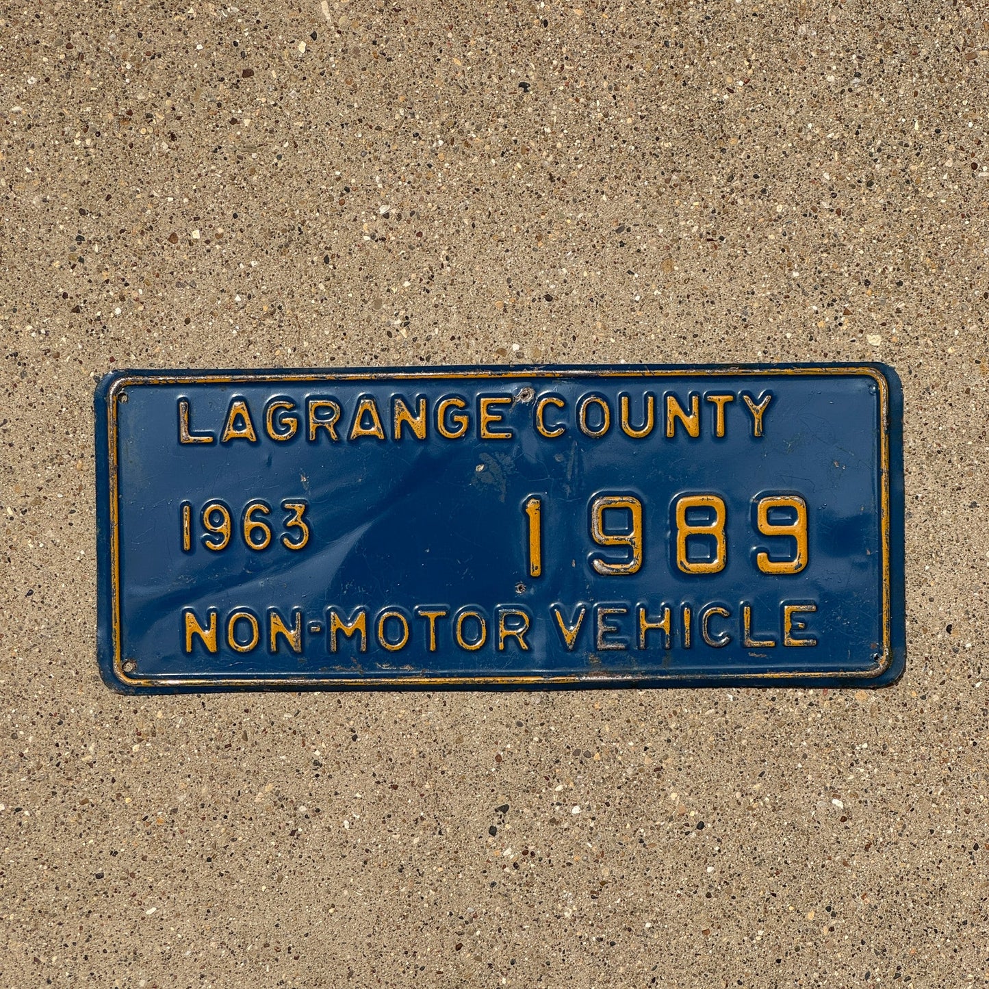 Photo of a 1963 Indiana Non-Motor Vehicle License Plate Auto Tag Garage Decor Vintage Lagrange County Birth Year 1989