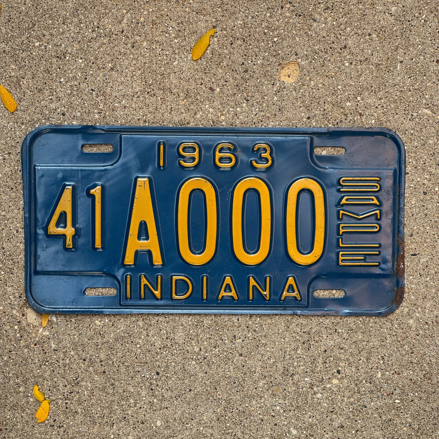 Photo of a 1963 Indiana Sample License Plate Auto Tag Garage Decor Vintage 41 A000 with original patina