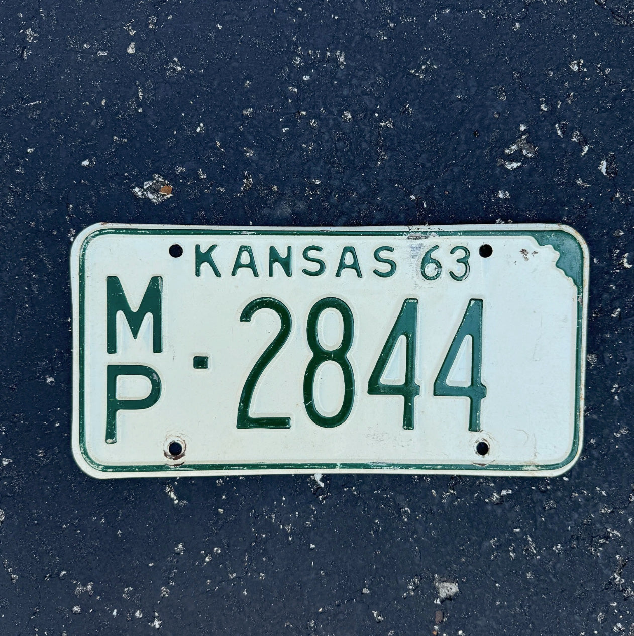 Photo of a 1963 Kansas License Plate Auto Tag Garage Decor Vintage State Shape MP 2844