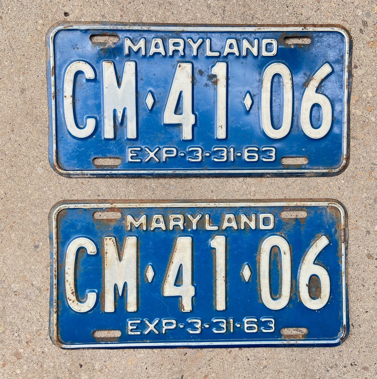 Photo of a 1963 Maryland License Plate Pair Auto Tag Garage Decor Vintage CM 41 06 with original patina