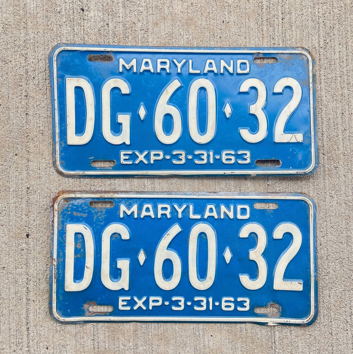 1963 Maryland License Plate Pair Auto Tag DG 6032