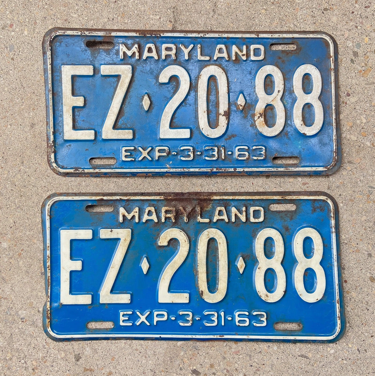Photo of a 1963 Maryland License Plate Pair Auto Tag Garage Decor Vintage EZ 20 88 with original patina
