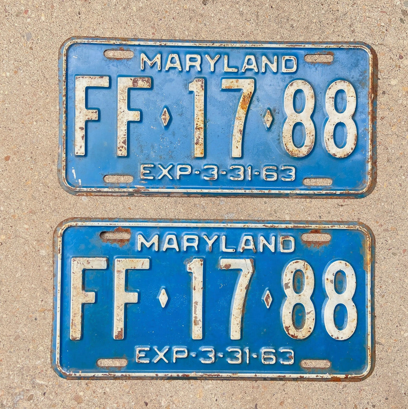 Photo of a 1963 Maryland License Plate Pair Auto Tag Garage Decor Vintage FF 17 88 with original patina