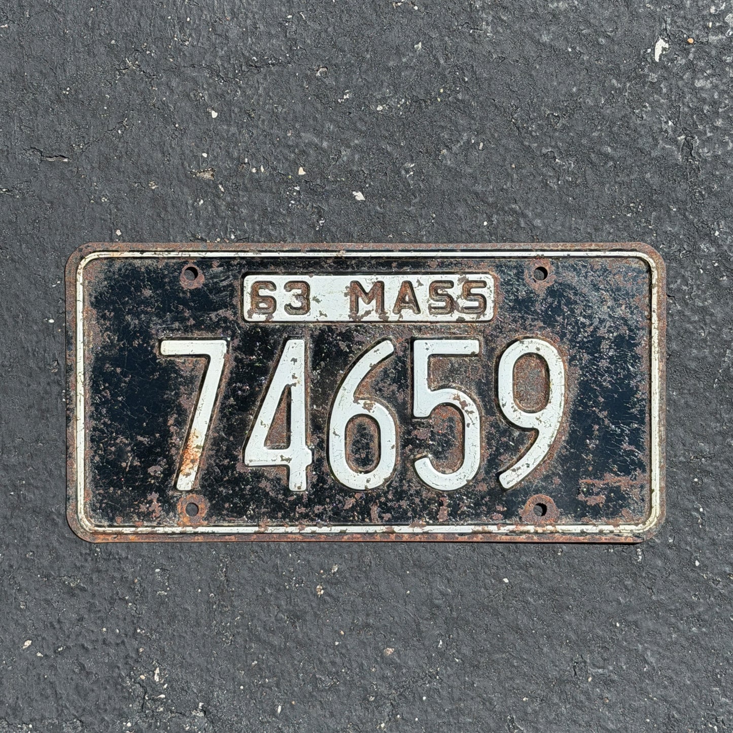 Photo of a 1963 Massachusetts License Plate Auto Tag Garage Decor Vintage 74659 with original patina