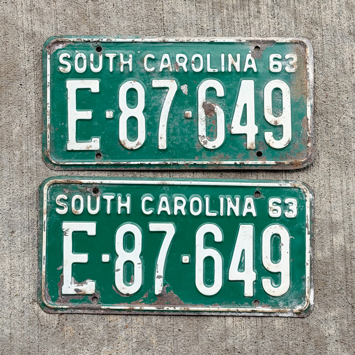 Photo of a 1963 South Carolina License Plate Pair Auto Tag Garage Decor Vintage E 87 649 with original patina