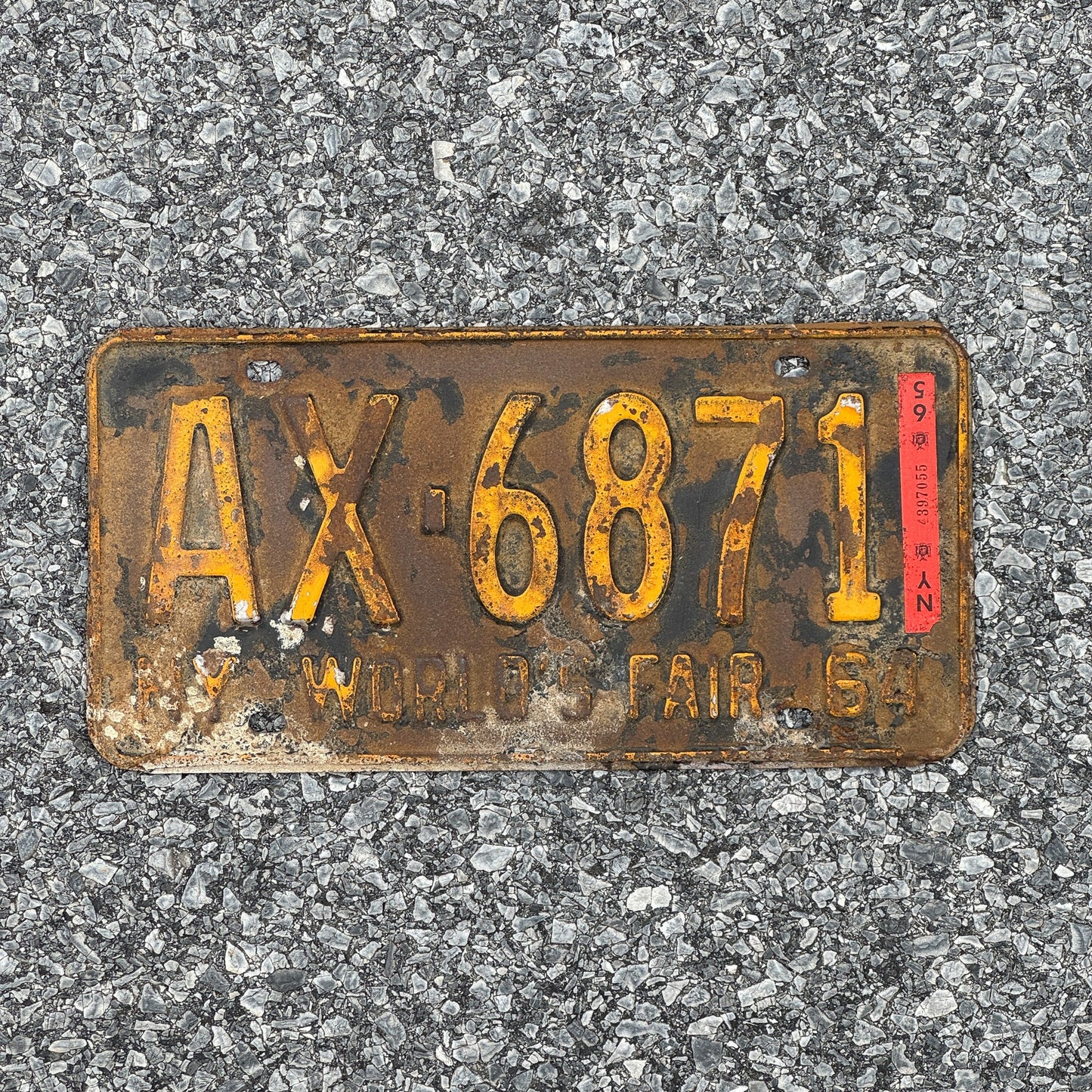 Photo of a 1964 1965 New York License Plate Auto Tag Garage Decor Vintage World's Fair AX 6871