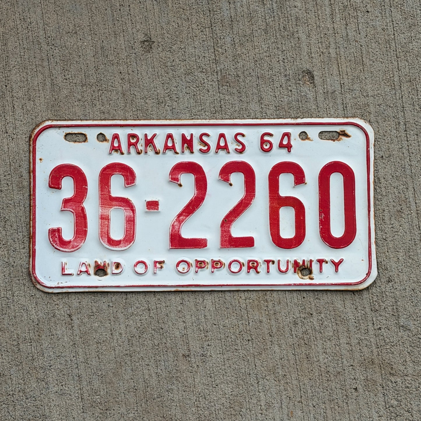 Photo of a 1964 Arkansas License Plate Auto Tag Garage Decor Vintage 36 2260 with original patina