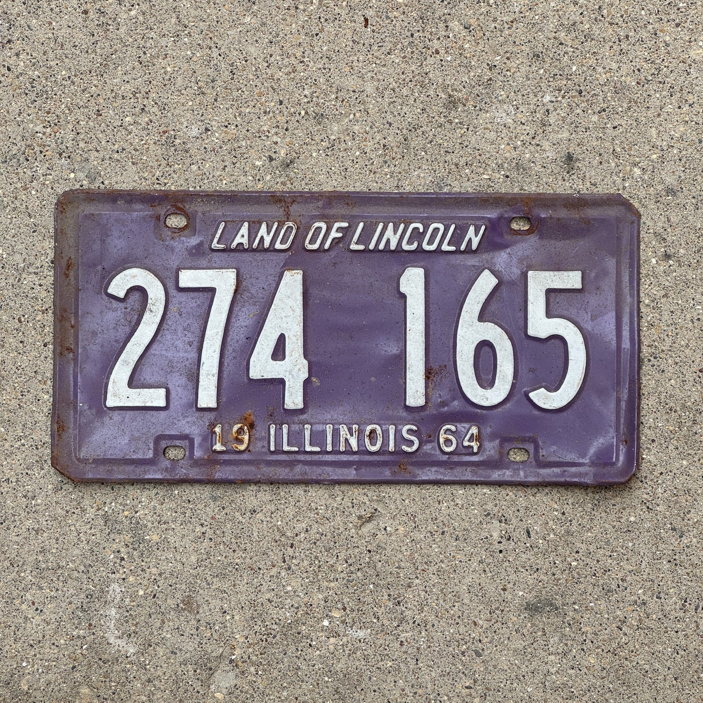 Photo of a 1964 Illinois License Plate Auto Tag Garage Decor Vintage Purple 274 165 with original patina