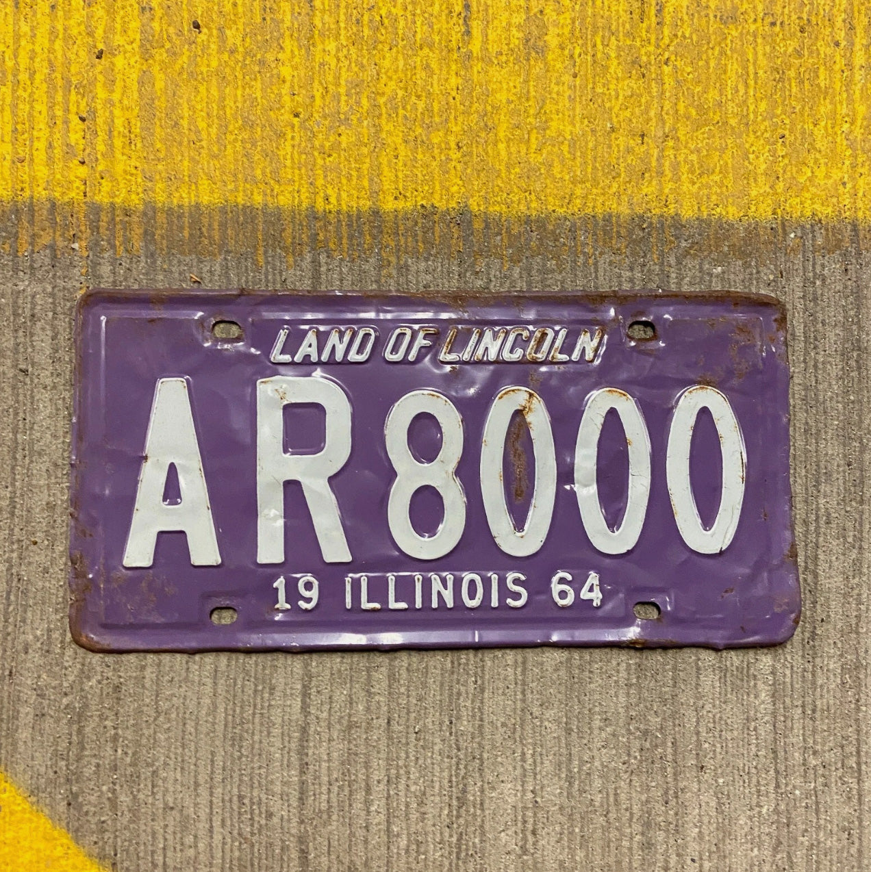 Photo of a 1964 Illinois License Plate Auto Tag Garage Decor Vintage Purple Repeat Repeating AR 8000 with original patina