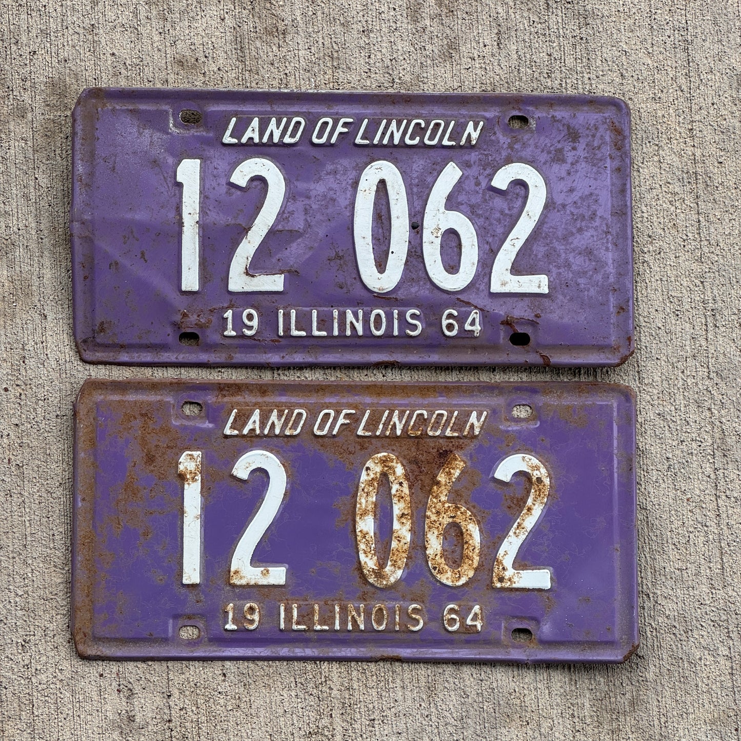 Photo of a 1964 Illinois License Plate Pair Auto Tag Garage Decor Vintage Purple 12 062 with original patina
