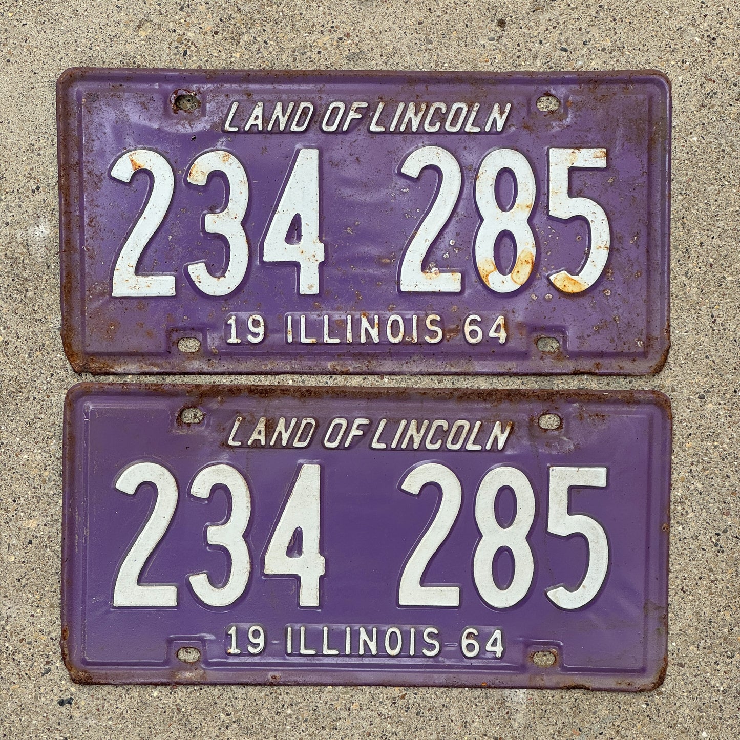 Photo of a 1964 Illinois License Plate Pair Auto Tag Garage Decor Vintage Purple 234 285 with original patina