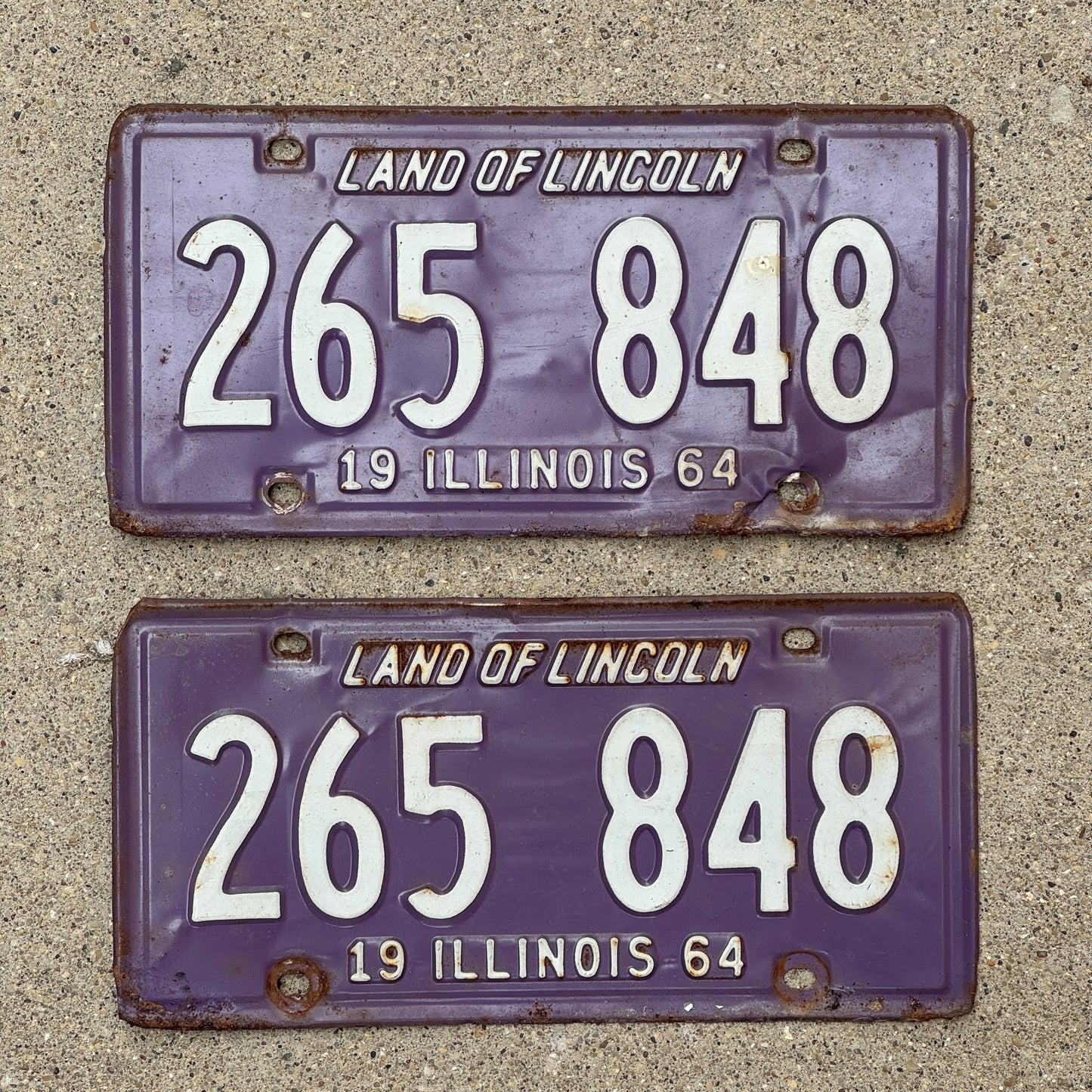 Photo of a 1964 Illinois License Plate Pair Auto Tag Garage Decor Vintage Purple 265 848 with original patina