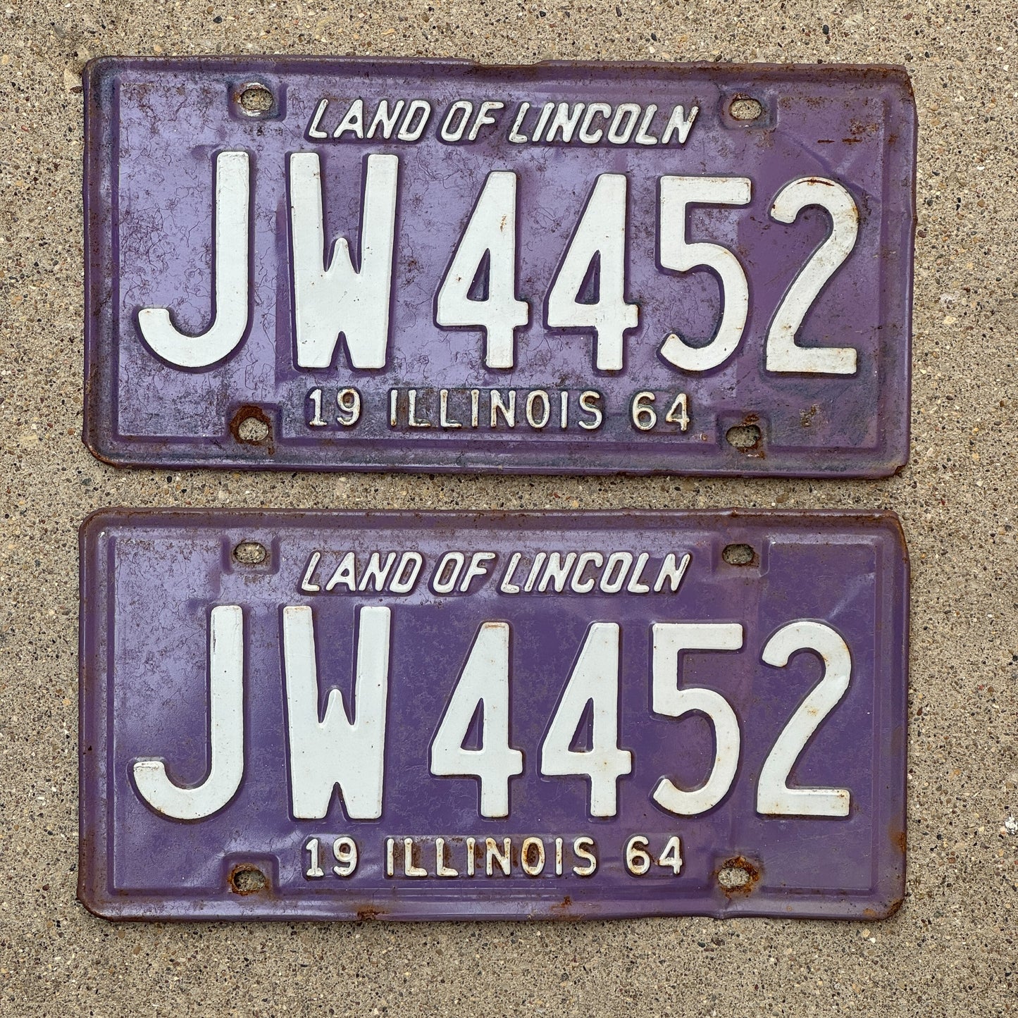 Photo of a 1964 Illinois License Plate Pair Auto Tag Garage Decor Vintage Purple JW 4452 with original patina