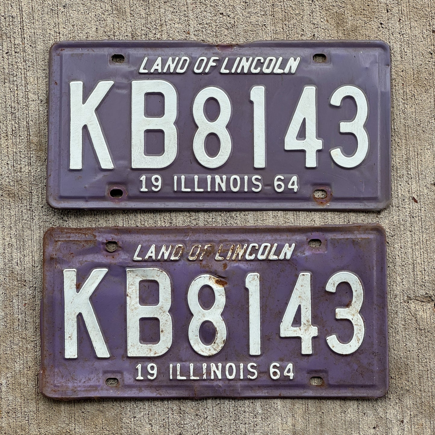 Photo of a 1964 Illinois License Plate Pair Auto Tag Garage Decor Vintage Purple KB 8143 with original patina