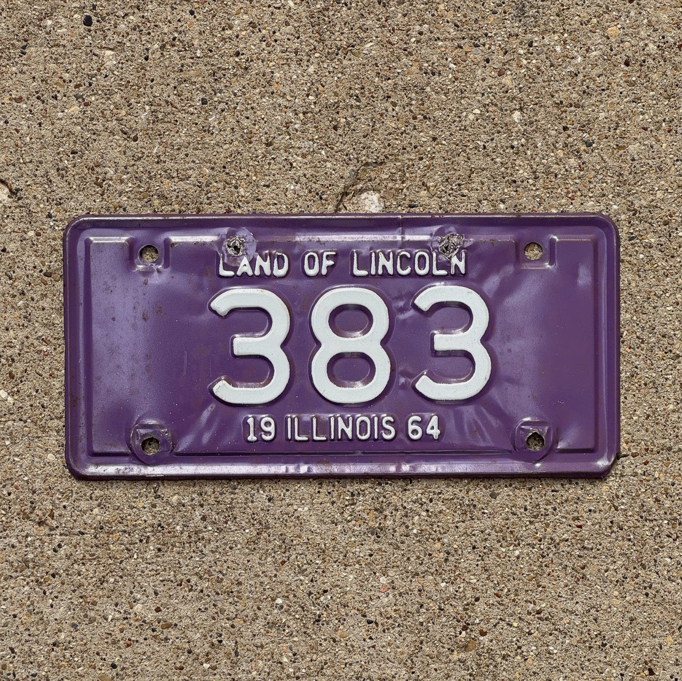 Photo of a 1964 Illinois Motorcycle License Plate Auto Tag Garage Decor Vintage Low Number Three Digit 383 with original patina