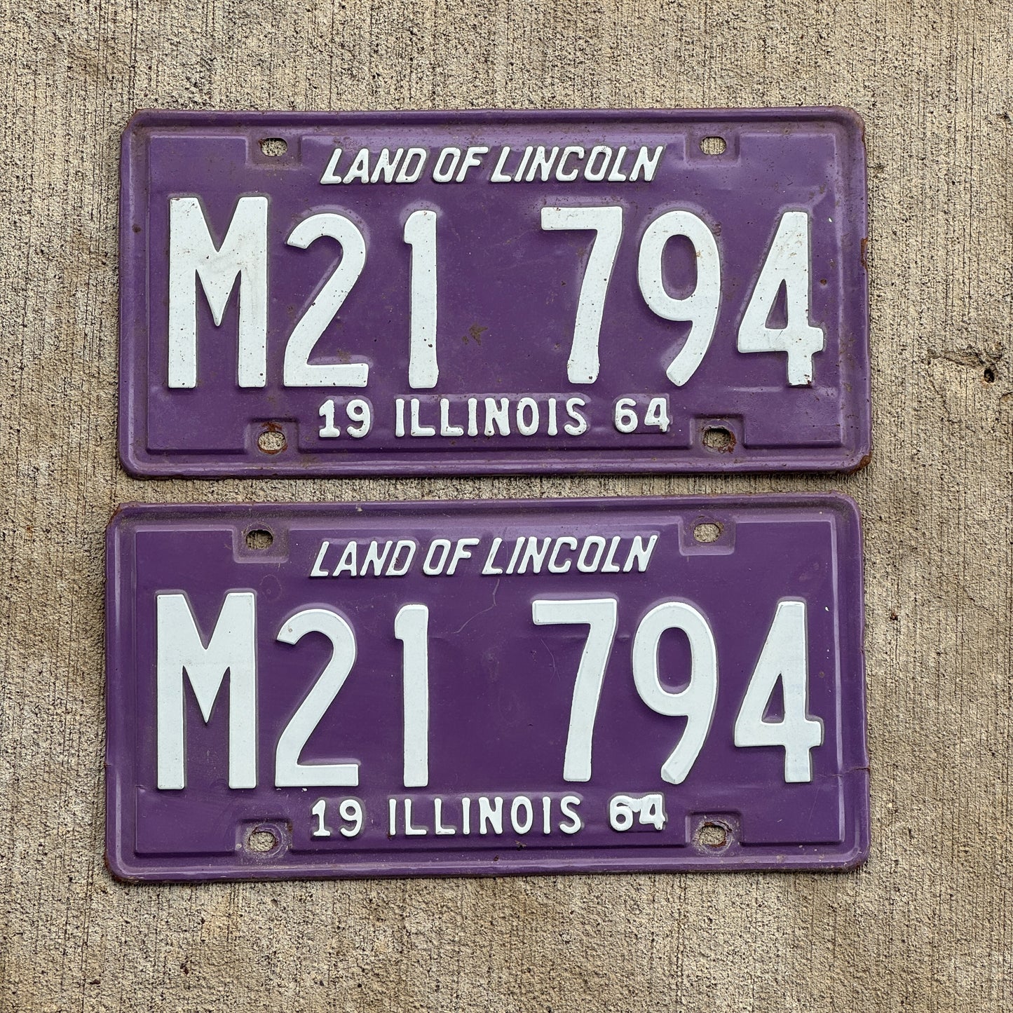 Photo of a 1964 Illinois Municipal License Plate Pair Auto Tag Garage Decor Vintage Purple M 21 794 with original patina
