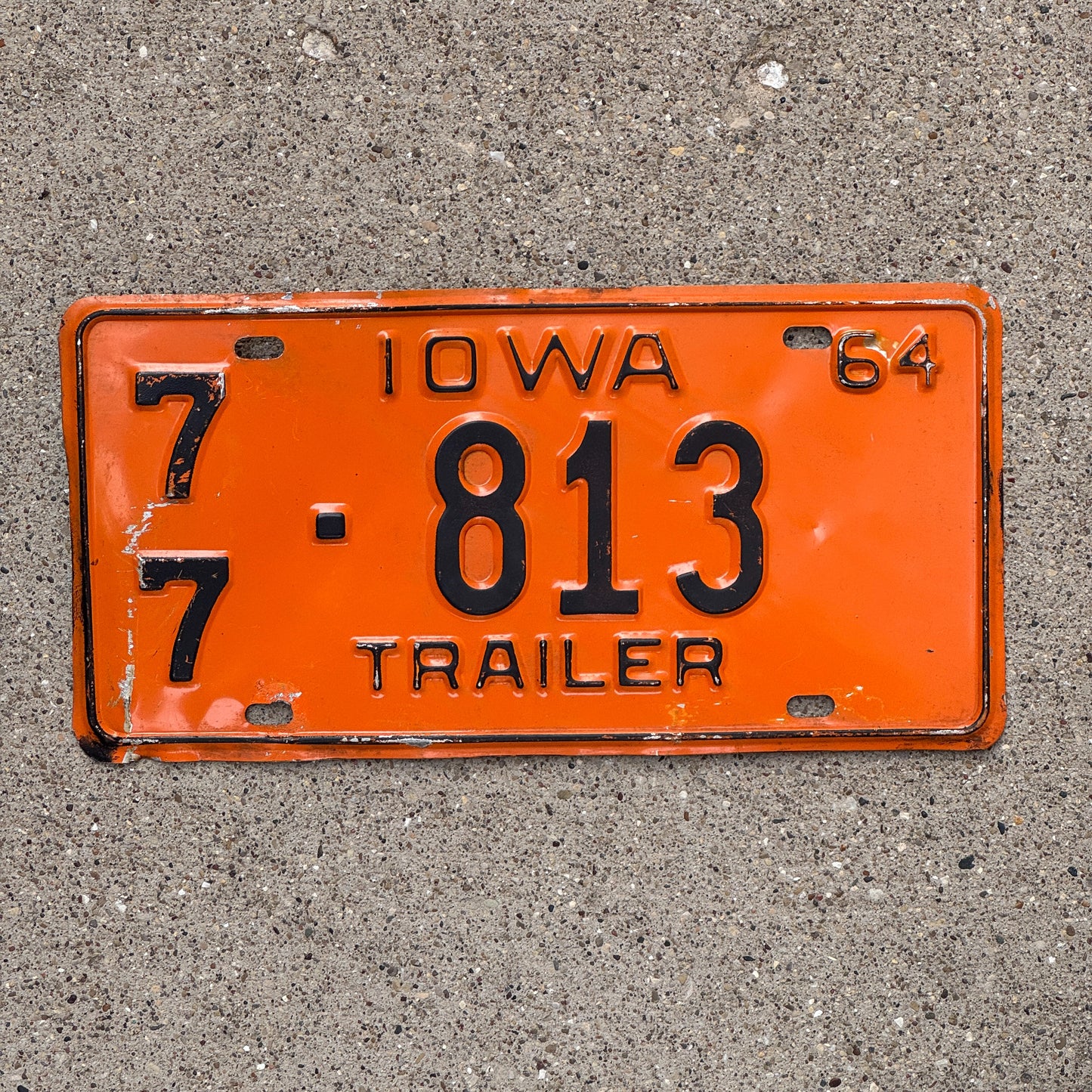 Photo of a 1964 Iowa Trailer License Plate Auto Tag Garage Decor Vintage 77 813 with original patina