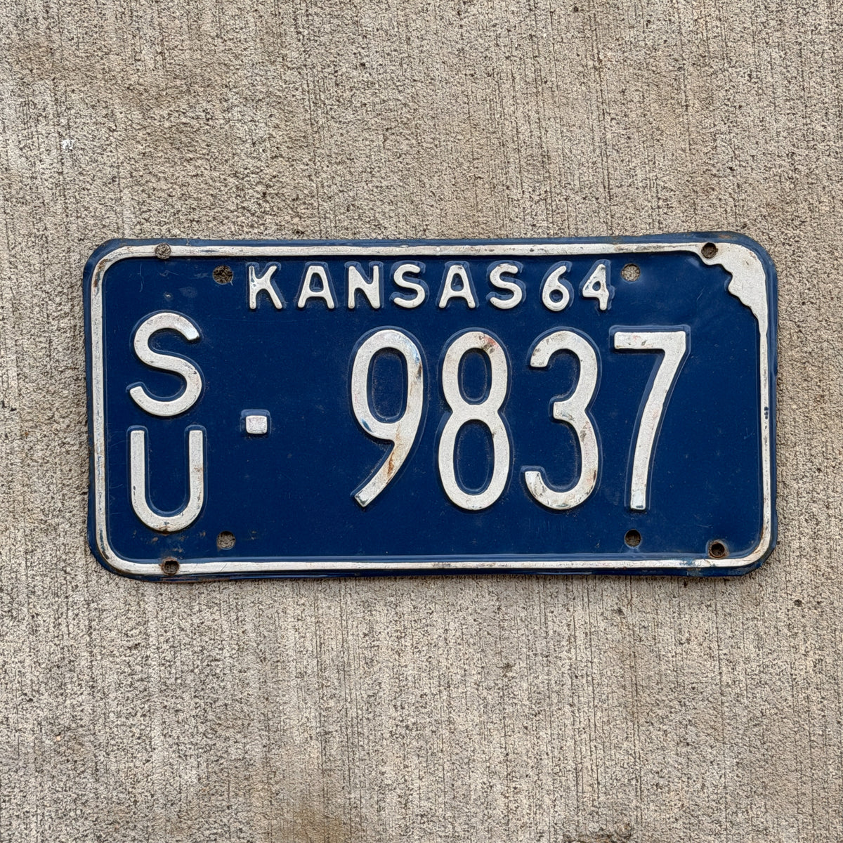 Photo of a 1964 Kansas License Plate Auto Tag Garage Decor Vintage SU 9837 with original patina