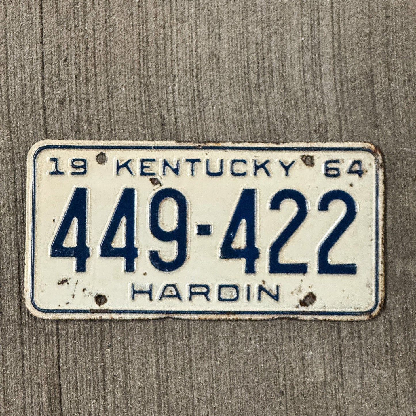 Photo of a 1964 Kentucky License Plate Auto Tag Garage Decor Vintage Harding County 449 422
