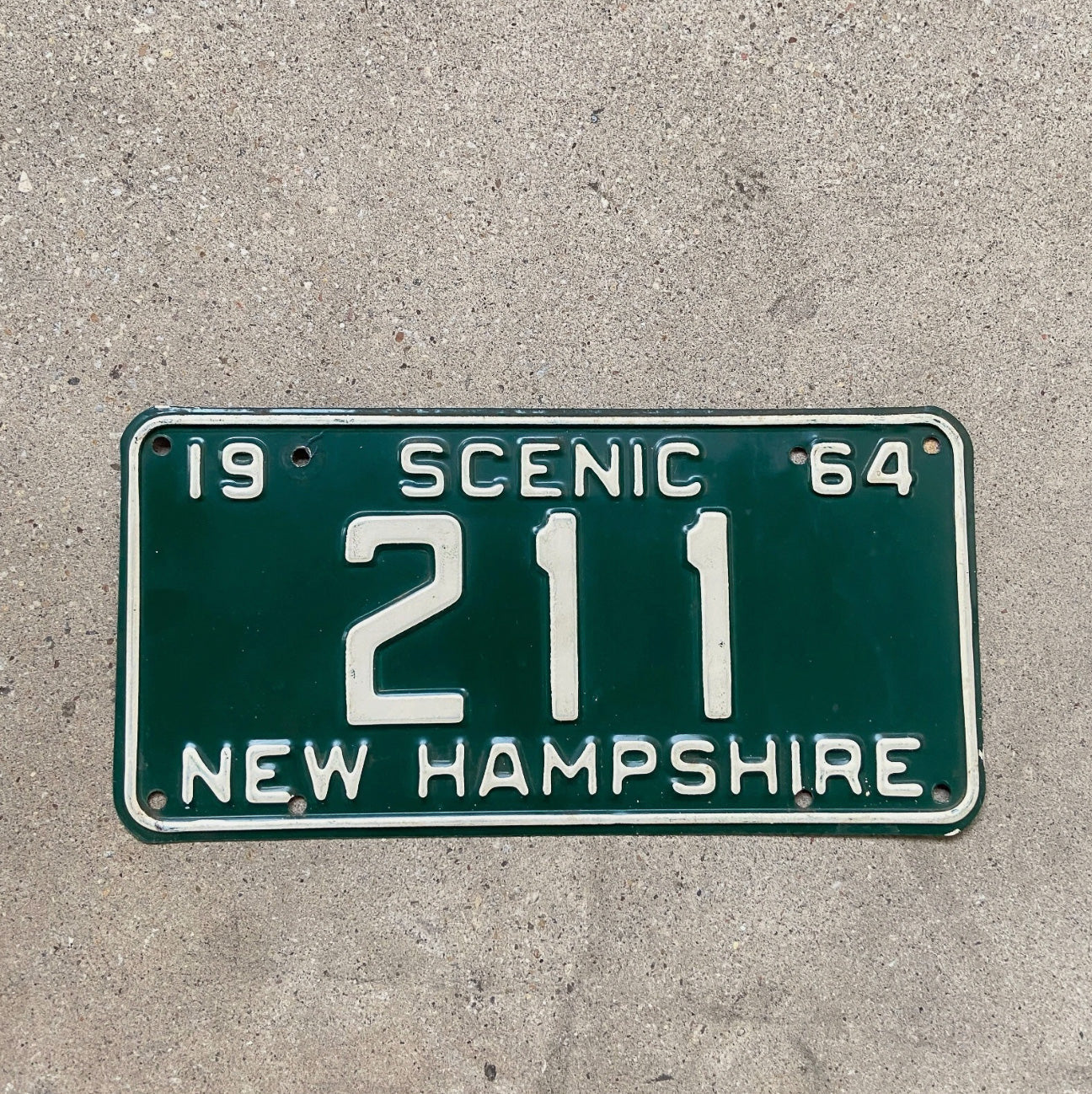 Photo of a 1964 New Hampshire License Plate Auto Tag 2 Garage Decor Low Number Three Digit 211 with original patina